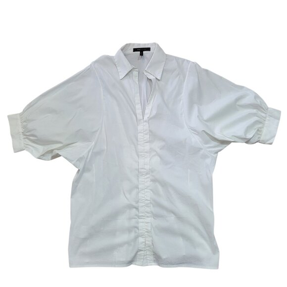 BCBGMaxAzria Tops - BCBGMaxazria White Poplin Blouse Oversized Puffed Sleeves Pin Tuck Back Sz Med